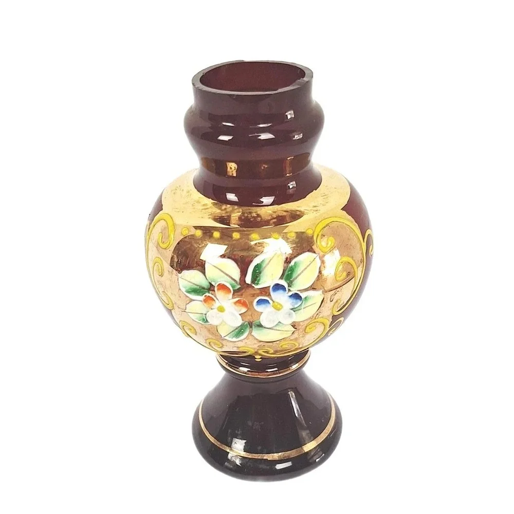 Dabbs Ruby Red Glass Lamp Base ONLY, Hand Painted Enamel Kerosene Oil Lamp Part